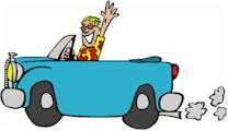 Cartoon drawing of a convertible with driver
